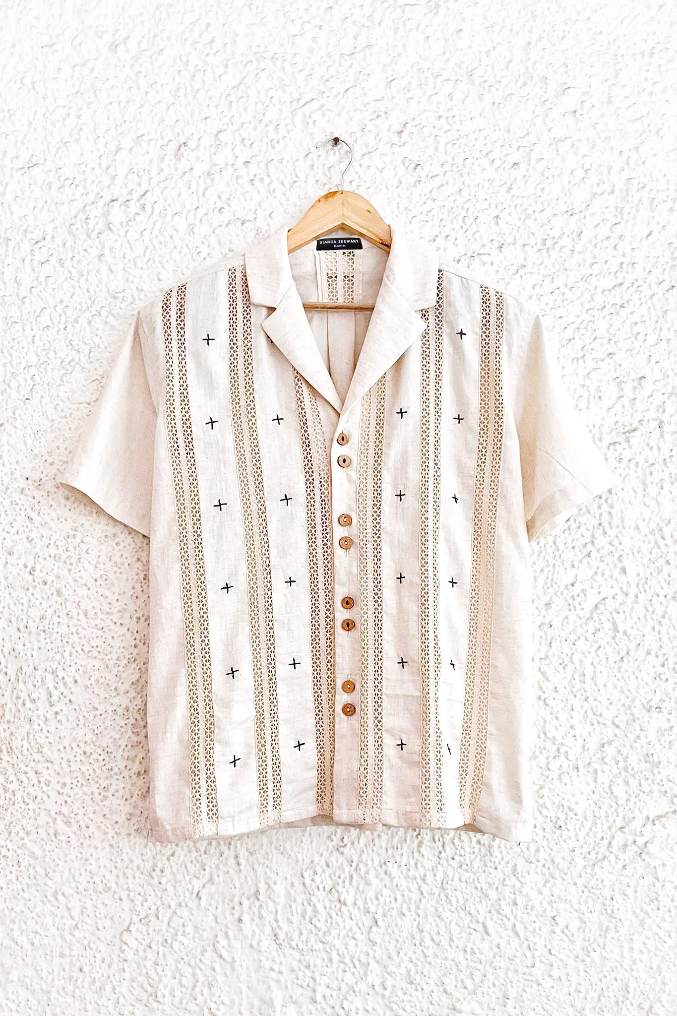 Beige Embroidered Stripe Button-Down Shirt – Half Sleeve Casual Collared Top